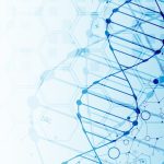 Illustration of a blue DNA double helix with abstract molecular and hexagonal patterns in the background.
