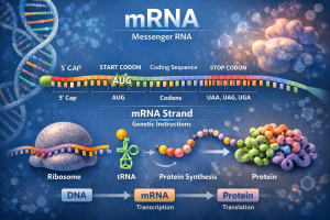 Diagram explaining mRNA, showing DNA, the mRNA strand, ribosome, tRNA, and protein synthesis from DNA transcription to protein translation.