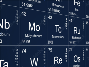 A section of the periodic table showing elements niobium, molybdenum, technetium, ruthenium, rhenium, and osmium with their symbols, atomic numbers, and atomic masses.
