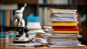A tall stack of folders and papers sits on a desk next to a microscope, with blurred bookshelves in the background.
