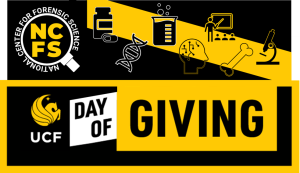 Black and yellow graphic with NCFS and science icons above a banner reading "UCF Day of Giving" in bold letters.
